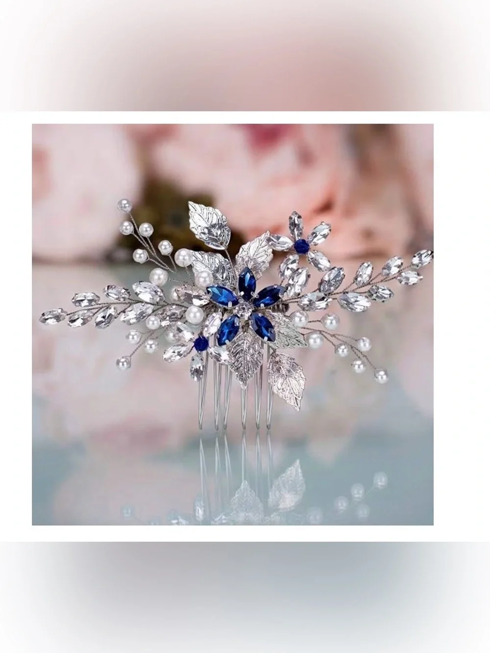 Anthropologie Silver and Cobalt Blue Floral Crystal Brooch